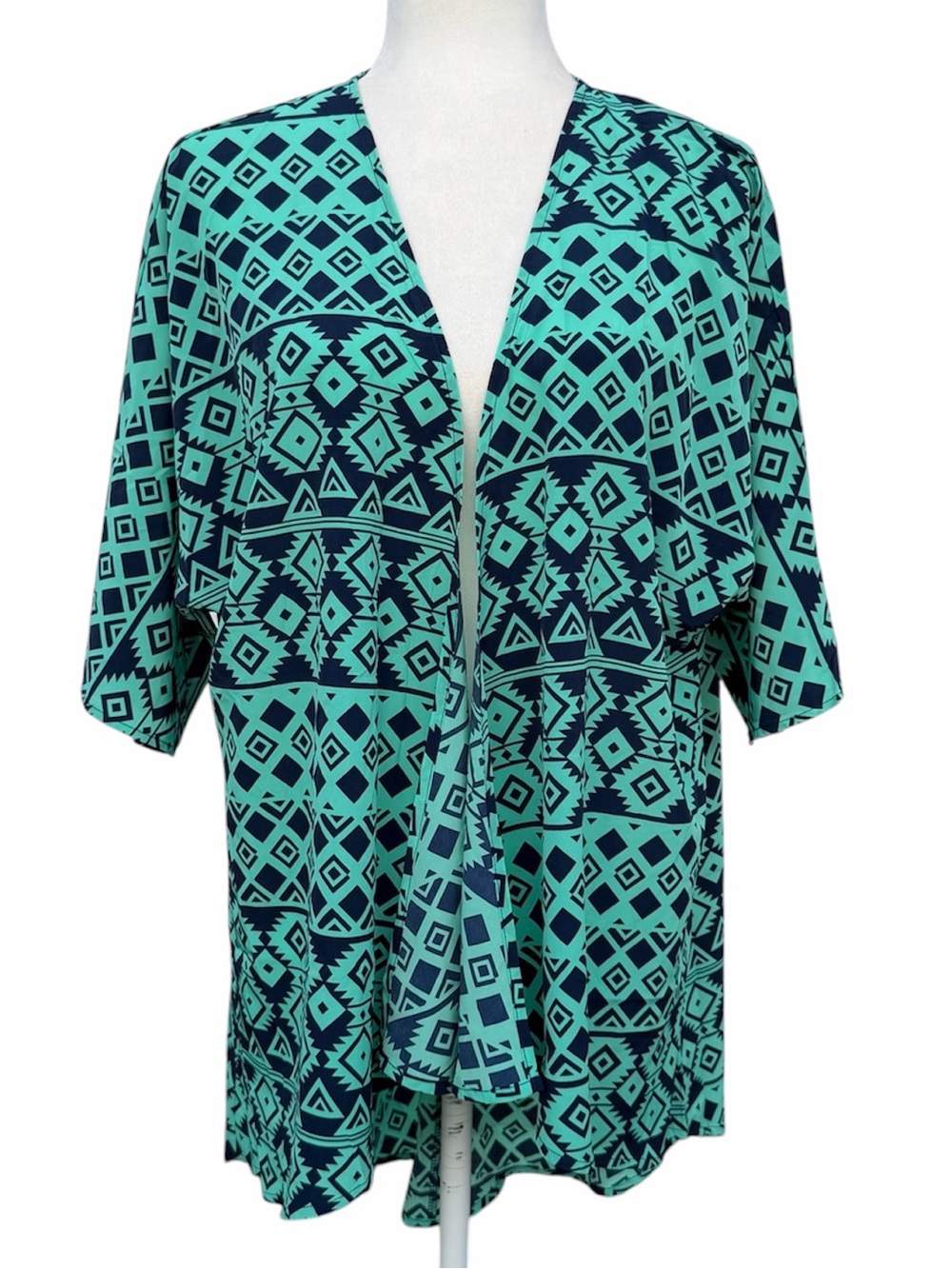 LuLaRoe Lindsay Teal and Navy Blue Geometric Aztec Print Open Front Kimono, S